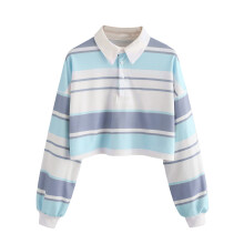 Dame Langærmede Crop Skjorter Farvestribede Knap Pullover Hættetrøjer Sweatshirt Toppe Bluse, Lilla