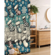 Tenda da doccia natalizia con motivo scozzese e fiocchi di neve, 91x183 cm, in tessuto, ganci inclusi, blu/grigio scuro/bianco sporco
