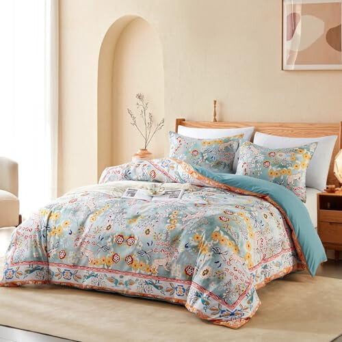 Σετ παπλωματοθήκης με floral σχέδιο σε σχήμα queen size, boho και vintage φύλλα 1