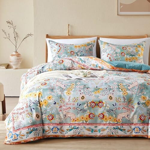 Σετ παπλωματοθήκης με floral σχέδιο σε σχήμα queen size, boho και vintage φύλλα