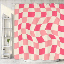 Zasłona prysznicowa Aesthetic70S w abstrakcyjne fale, różowo-beżowa szachownica, minimalistyczny dodatek do łazienki w stylu retro –