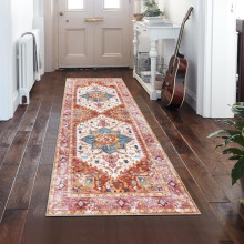Vaskbart 2x6 løbertæppe, skridsikkert boho vintage entrétæppe med gummibagside – pletbestandigt, slidt design til soveværelse, køkken,