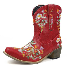 Bottines pour femmes, style rétro, bout pointu, talon mi-haut épais, brodées, style western, cowgirl, rouge, taille 35