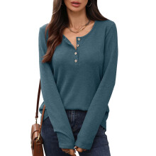 Damestops met wafelstructuur, casual tuniek met lange mouwen, gebogen zoom, V-hals, Henley-shirts voor dames, winterkleding