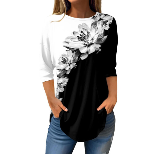 Sorte blomstrede plus size dametoppe, 3/4-ærmet polyesterbluse – Kompatibel med weekendtøj 1