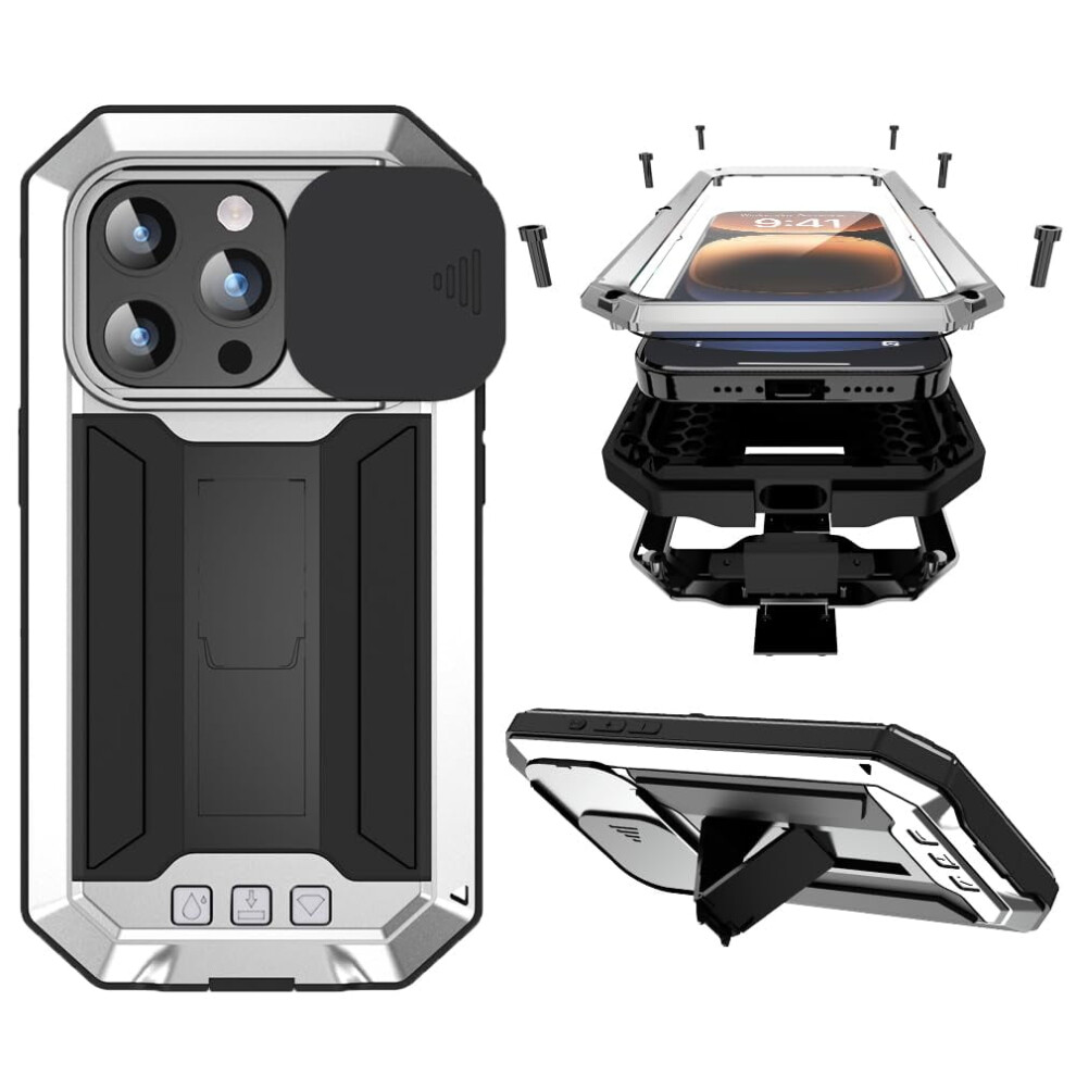 Compatible With Iphone 16 Pro Max Metal Case W/ Slide Camera Cover, Built-In Screen Protector, Kickstand, Military-Rugged Hybrid Armor 9170372029242