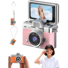 Mini digitalt vloggkamera med 1,47" vippeskjerm, 720p bærbar videoopptaker for selfier, innebygd blits, 64 GB minnekort inkludert