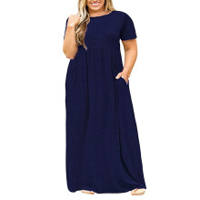 Robe grande taille femme grande taille, robe longue d'été décontractée à col rond et manches courtes, couleur bleue, coupe ample, poches, taille