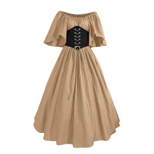 Traje renascentista feminino – Vestido vintage do século XIX com ombros à mostra, corpete, mangas flare e detalhes em patchwork, bege, tamanho 4XL