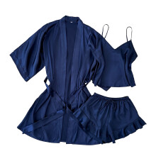 Ensemble pyjama femme uni : débardeur, short, peignoir, nuisette. Ensemble 3 pièces en satin de polyester, tailles S à XL.