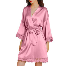 Seidenpyjama für Damen, modisches, lässiges Nachthemd, Hauskleidung, 3/4-Ärmel, Reverskragen, V-Ausschnitt, einfarbig, Spitze, Einheitsgröße