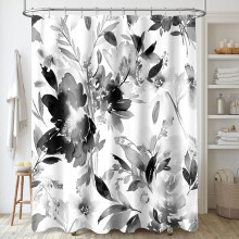 Duschvorhang mit schwarz-weißem Aquarell-Blumenmuster (72x72 Zoll), modernes Stoffset mit Haken, kompatibel mit Standard-Duschstangen