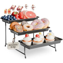 Ensemble de plateaux de service à 3 niveaux en mélamine, 29,2 x 14,2 cm, noirs, réutilisables, avec support pour cupcakes, desserts, fruits et