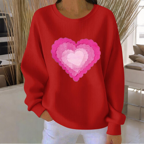 Felpa da donna a coste con scollo rotondo e cuore per San Valentino, lunga 1