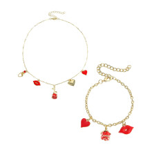 Conjunto de joias de Dia dos Namorados com rosas, pulseira de 43 cm e colar em liga de ouro com detalhes de coração e laço.