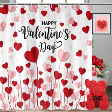 Conjunto de Cortina de Chuveiro para o Dia dos Namorados – Estampa de Corações Vermelhos e Rosa, Cortinas de Tecido 175x178cm com Ganchos,