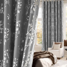 100% Blackout Grommet Curtains 84" L, Floral Branch Foil Print, Thermal, Grey, 2 Panels (W52xL84), Compatible with Standard Rods