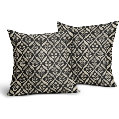 Μαύρες Μαξιλαροθήκες με Floral Block Print 20x20, Σετ 2 τεμαχίων, Διακοσμητικές θήκες για 1