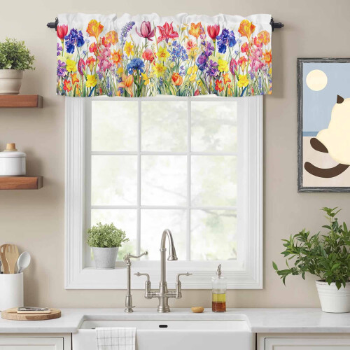 Cortina de varão com estampa floral em aquarela colorida, 42x18 polegadas, para cozinha, quarto, banheiro e sala de estar – Compatível com 1
