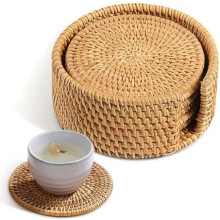Woven Rattan Tea Cup Mats Set, 6-Pack 3" Round Coasters with Holder, Handmade Braided Placemats for Kitchen & Dining Decor