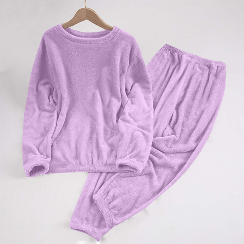 Γυναικείο σετ πιτζάμας από φλις, S-2XL Plus Size, μωβ μονόχρωμο, 2 τεμάχια φανελένια 1