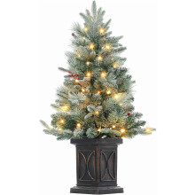 3FT Pre-Lit Flocked Christmas Tree with 78 Warm White LEDs, Red Berries, Battery Operated — Compatible with Indoor/Outdoor Use