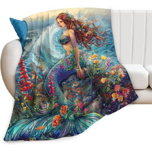 Meerjungfrauen-Decke 127 x 102 cm, weiche Fleecedecke für Mädchen, Frauen, Jungen, Männer – Dekoration und Geschenk mit Ozeanmotiv, geeignet