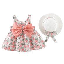 Vintage Blomsterprint Prinsessekjoler med Strå Stor Sløjfe Ærmeløs Ruched A-linje Seler Kjole Sommer Størrelse 2-3 År