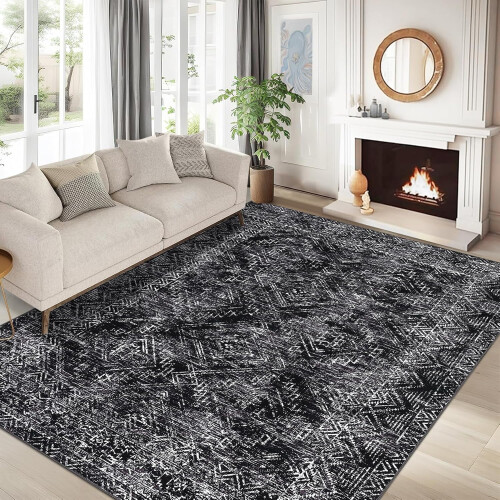 Black Washable Area Rug 6x9 ft Non-Slip Boho Style