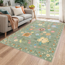 6x9 Area Rugs,Kitchen Floral Runner Rugs Runners for Bedroom Hallway, Soft Ultra-Thin Indoor Low Pile Flower Carpet with Non Slip Backing Green
