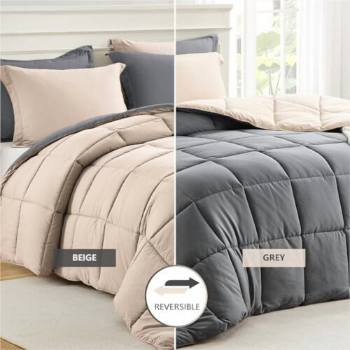 Twin Comforter Set Beige Grey Reversible 2-Piece 1