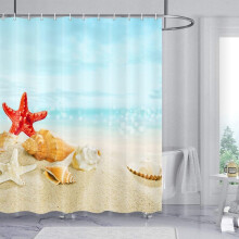 Cortina de ducha con diseño de playa azul y estrellas de mar rojas, impermeable, estilo náutico, con ganchos, 47 x 64 pulgadas, compatible con