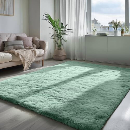 Sage Green Fluffy Rug 4x6 Ft Machine Washable Non-Slip