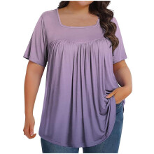 VERUGU Plus Size Tops voor Dames Zomer Trendy Gradient Kleur Geplooide Korte Mouwen Shirts Casual Vierkante Hals Losse Comfortabele T-shirts Blouses