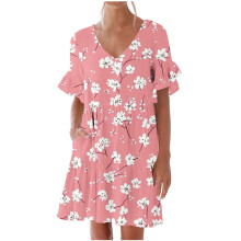 Damesjurk met kersenprint, V-hals, korte mouwen en ruches, gemaakt van elastische polyester-spandexstof, maten S-2XL, zomerse casual kleding