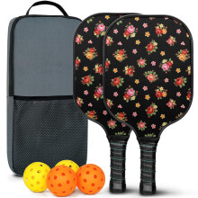 Pickleballset met rackets van glasvezel met bloemenprint, 2 ballen en tas – geschikt voor binnen- en buitenspelen