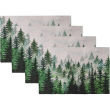 Set van 4 placemats met aquarelprint van een mistig bos. Linnen placemats voor de eettafel, keuken, landelijke stijl, boerderij of vakantiehuisje.