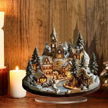 Boule à neige décorative de bureau représentant un village d'hiver miniature, illuminée par des LED et ornée de fausse neige.