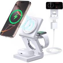 3-i-1 vikbar magnetisk trådlös laddningsdocka, 18W – kompatibel med iPhone 17-12, Apple Watch och AirPods alla serier