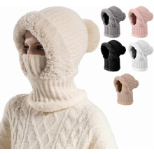 Dame 3-i-1 strikket hue med tørklæde og ansigtsmaske
