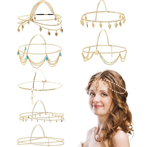 8 τεμάχια Χρυσή Boho Αλυσίδα για το κεφάλι με Μαργαριτάρια & Φούντες για