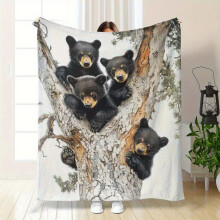 Ultra-Soft Flannel Blanket – All-Season Plush Throw with Black Bear Cubs & Tree Design, 280gsm, Compatible with Dorm/Cabin/Home