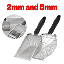 2-pack kattsandskopa i rostfritt stål, dubbel maska (2 mm och 5 mm), kompatibel med kattsandlåda och reptilterrarium