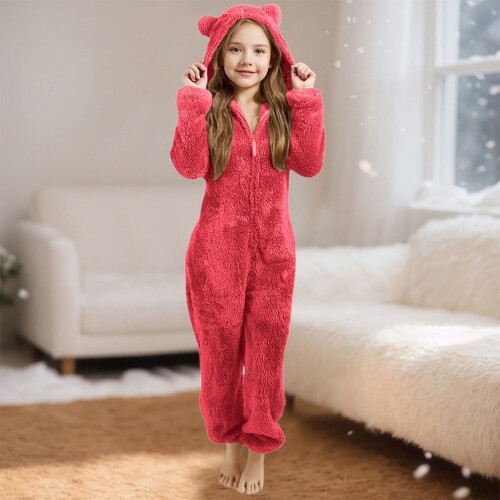 Παιδική βελούδινη πιτζάμα Onesie σε χρώμα καρπουζιού – Ζεστή, χνουδωτή ολόσωμη 1