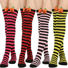 1 paar gestreepte dijhoge sokken voor dames, dunne panty's, casual cartoon pompoenstrepen, lange kousen, Halloween voor dames en meisjes