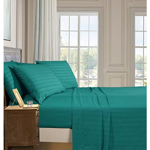 Σετ σεντόνια 6 τεμαχίων Luxe με ρίγες Damask, Queen Size, Τυρκουάζ, 1500TC, Ανθεκτικά στις 1