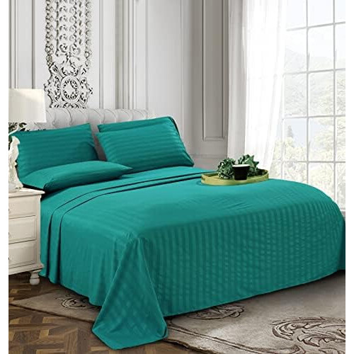 Σετ σεντόνια 6 τεμαχίων Luxe με ρίγες Damask, Queen Size, Τυρκουάζ, 1500TC, Ανθεκτικά στις 2