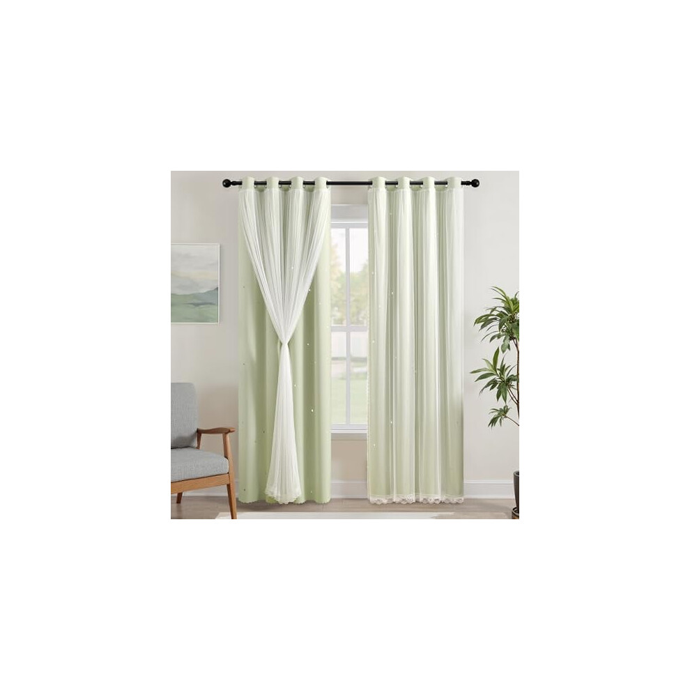 Sage Blackout Curtains For Kids Bedroom, 2 Panels, W34xl72, Double Layer With Sheer Overlay, Thermal Insulated, Grommet, Star Design, Green
