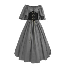 Vestido de baile cinza feminino renascentista do século XIX com espartilho, ombros à mostra, mangas amplas, estilo medieval vintage.