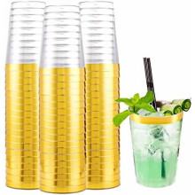 200 pcs 10 oz Clear Plastic Cups with Gold Rim – Disposable Wine & Cocktail Glasses, Wedding/Party Cups, Compatible with Standard Drink Holders